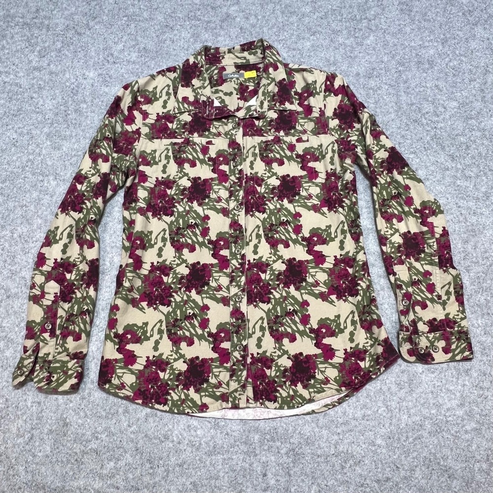 Cabelas Womens Pima Cotton Floral Long Sleeve Button Down Shirt Tan Purple S/P